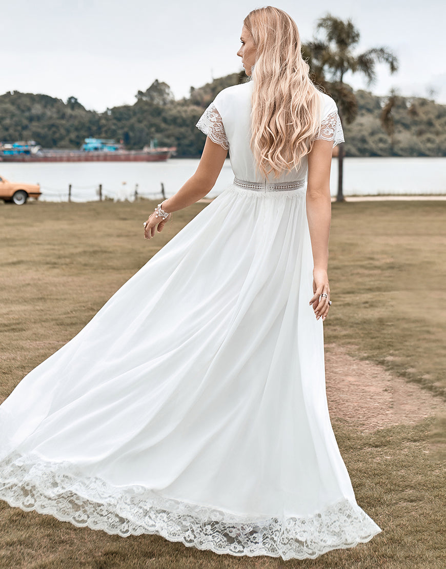 Luolandi Deep V-neck Simple Boho Wedding Dress with Slit Floor Length Sexy