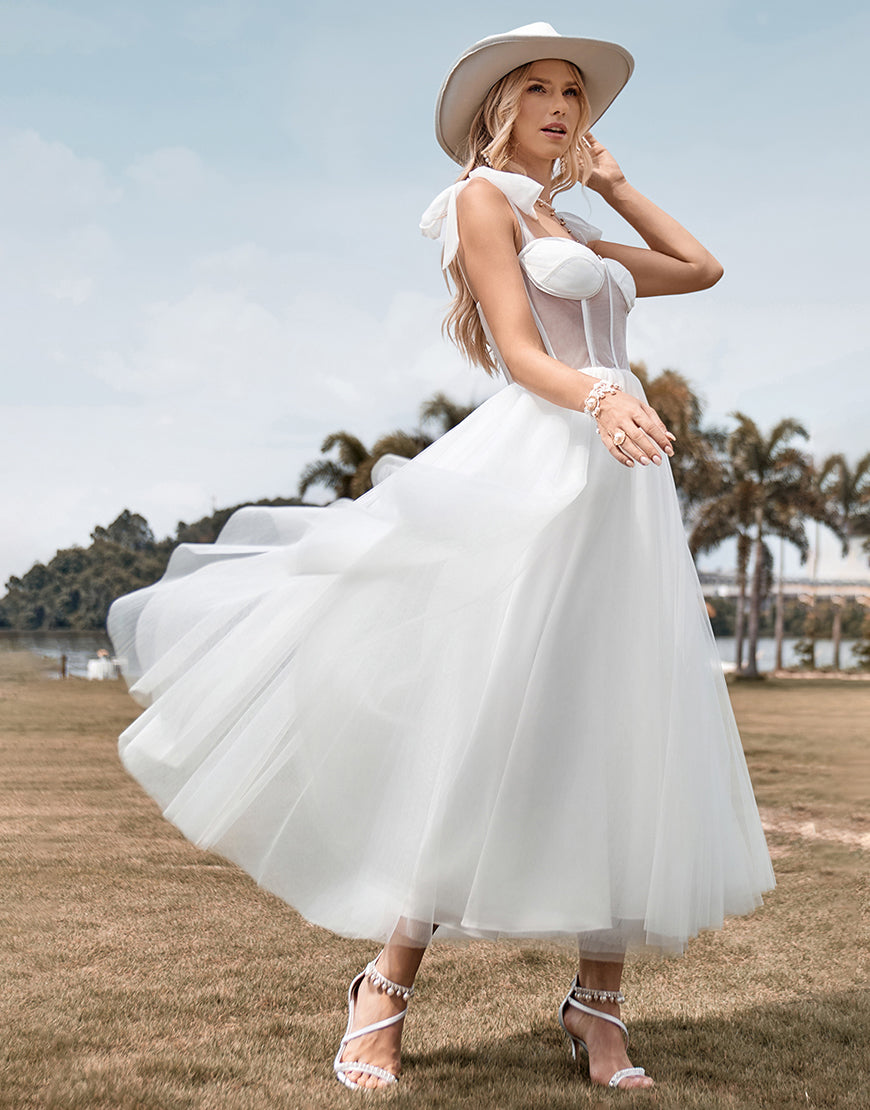 Luolandi Ivory Tulle Corset Tea-Length A Line Wedding Dress Sexy
