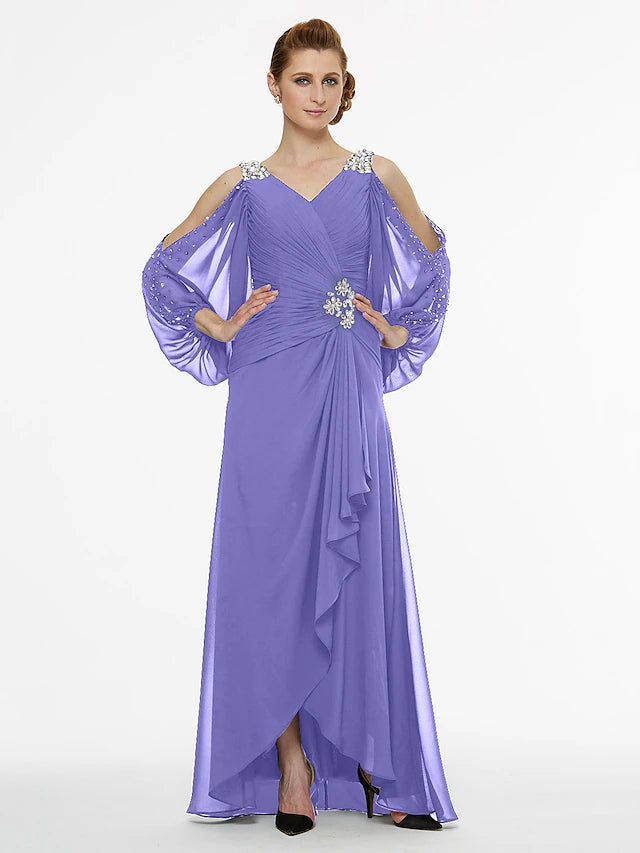 Luolandi A-Line Mother of the Bride Dress High Low V Neck Asymmetrical Chiffon 3/4 Length Sleeve with Sash / Ribbon Pleats