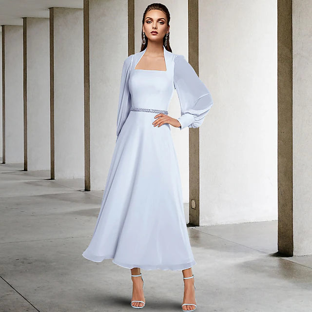 Luolandi Two Piece A-Line Mother of the Bride Dress Church Elegant Square Neck Tea Length Chiffon Short Sleeve Wrap Included with Sash