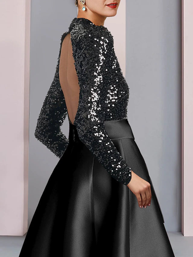 Luolandi A-Line Mother of the Bride Dress Wedding Guest Elegant Sparkle & Shine High Neck Tea Length Satin Sequined Long Sleeve with Bow(s)