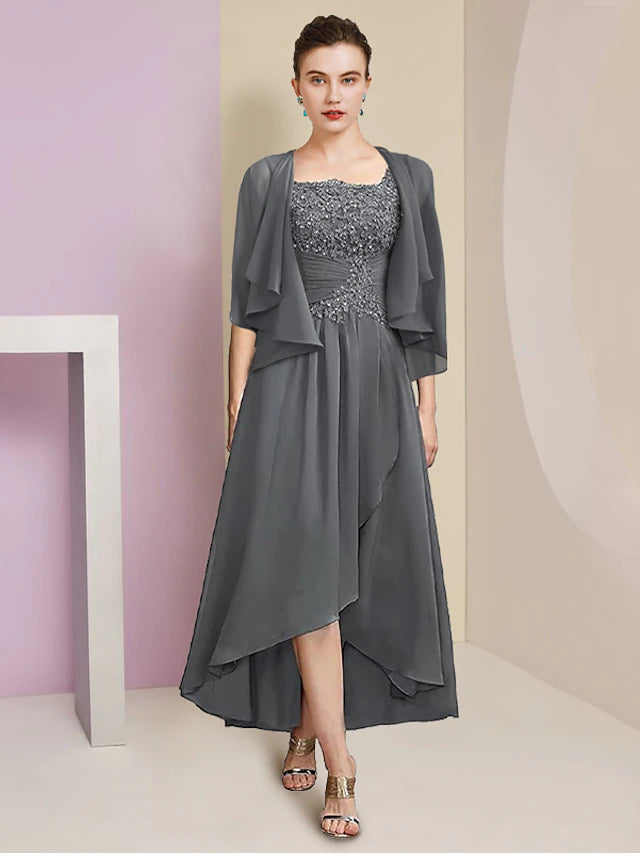 Luolandi Two Piece A-Line Mother of the Bride Dress Formal Wedding Guest Party Elegant Square Neck Asymmetrical Tea Length Chiffon Lace 3/4 Length Sleeve Wrap Included with Ruched