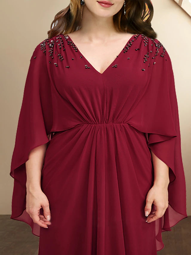 Luolandi A-Line Plus Size Curve Mother of the Bride Dresses Elegant Dress Formal Floor Length Sleeveless V Neck Chiffon with Beading