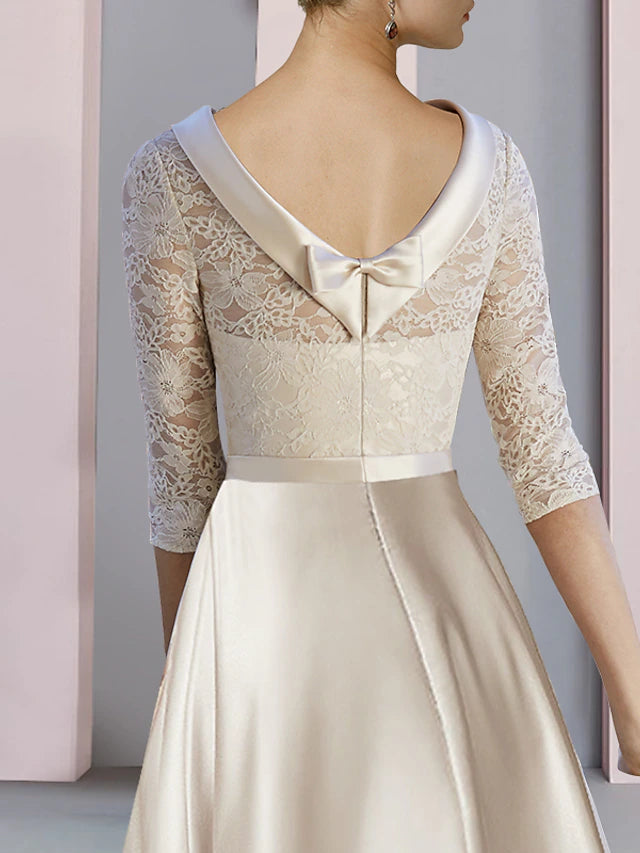 Luolandi Sheath / Column Mother of the Bride Dress Wedding Guest Party Elegant Scoop Neck Tea Length Satin Lace Half Sleeve with Bow(s)