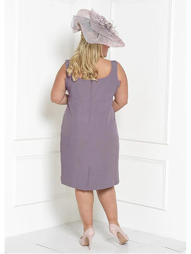 Luolandi Two Piece Sheath / Column Mother of the Bride Dress Church Plus Size Wrap Included Square Neck Tea Length Charmeuse 3/4 Length Sleeve with Sash / Ribbon