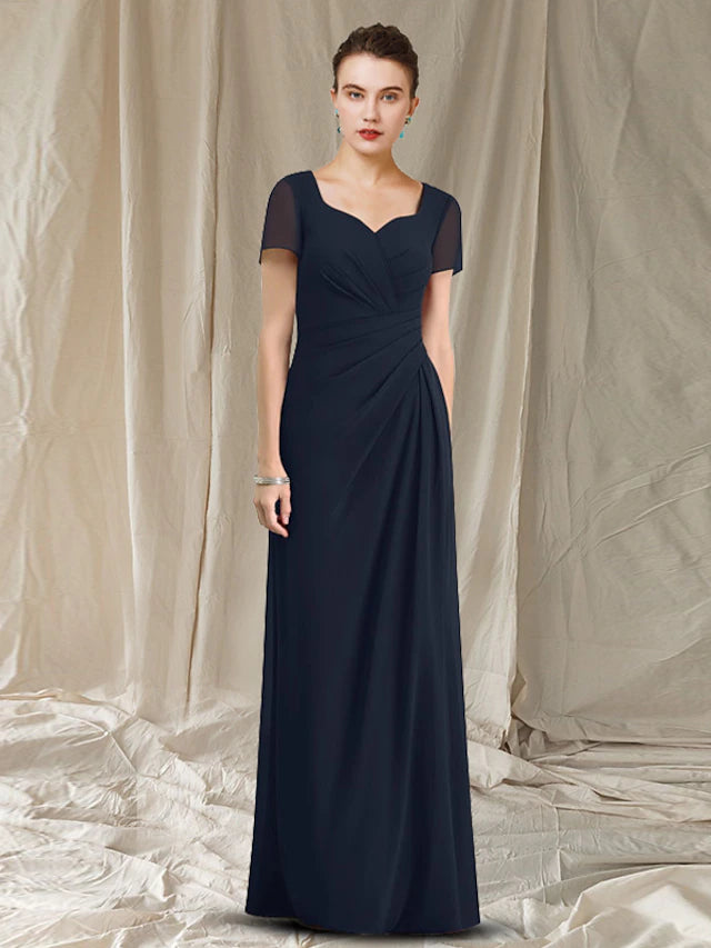 Luolandi Sheath / Column Mother of the Bride Dress Simple Elegant V Neck Floor Length Chiffon Short Sleeve