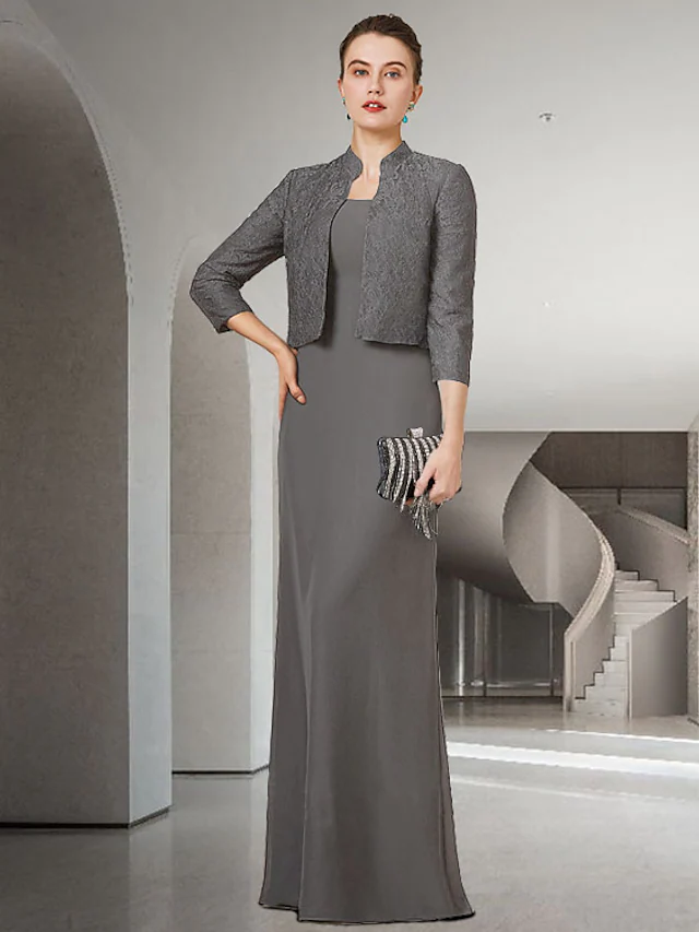 Luolandi Mother of the Bride Dress Elegant Jewel Neck Floor Length Chiffon Lace Half Sleeve with Appliques Solid Color