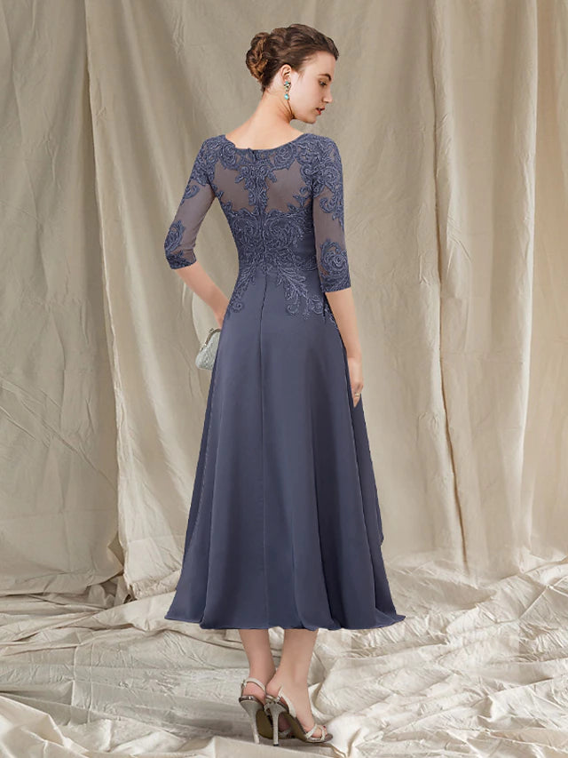 Luolandi A-Line Mother of the Bride Dress Elegant Jewel Neck Tea Length Chiffon Lace 3/4 Length Sleeve with Appliques