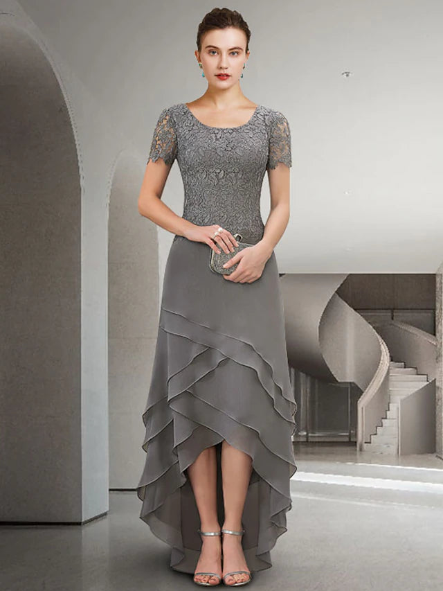Luolandi A-Line Mother of the Bride Dress Elegant High Low Jewel Neck Asymmetrical Floor Length Chiffon Lace Short Sleeve with Appliques