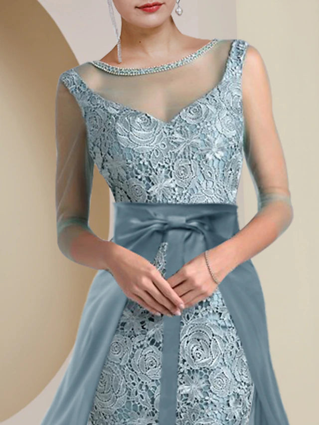 Luolandi Two Piece Sheath / Column Mother of the Bride Dress Formal Wedding Guest Vintage Elegant Jewel Neck Tea Length Knee Length Chiffon Lace 3/4 Length Sleeve with Beading