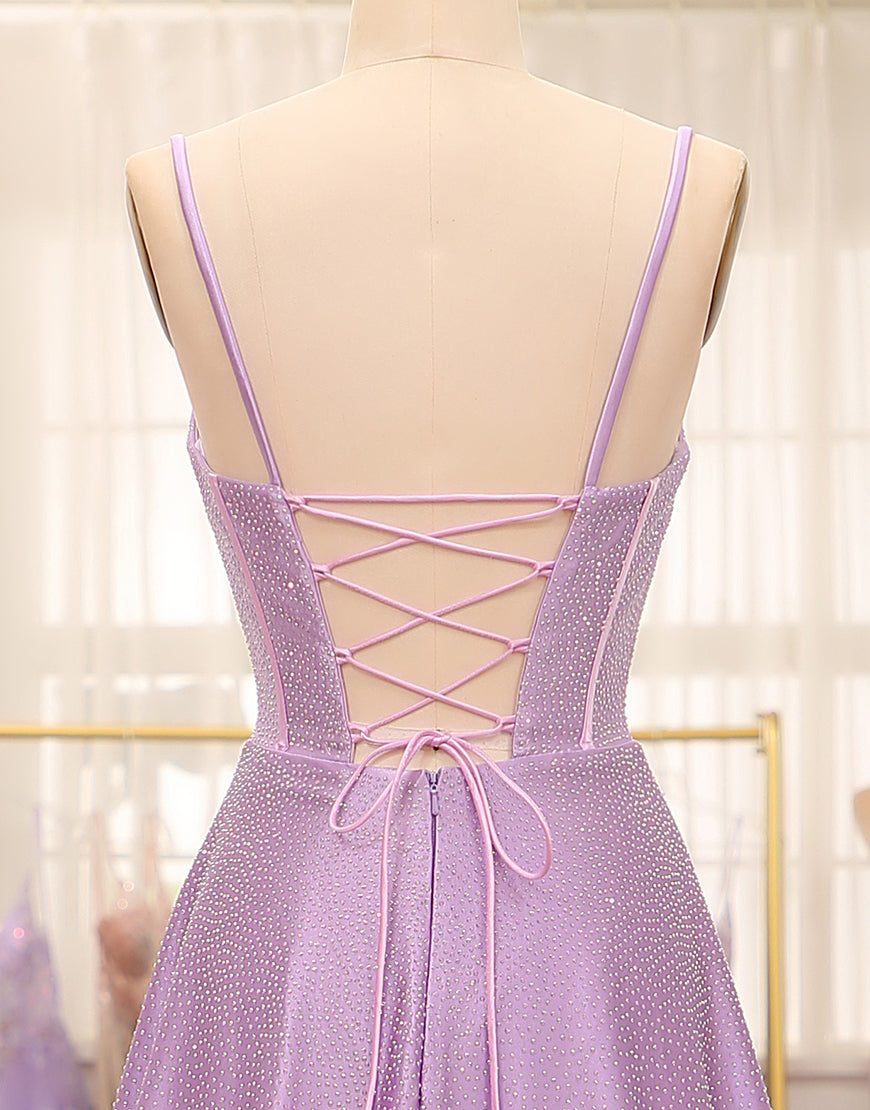 Luolandi Sparkly Lilac A-Line Corset Prom Dresses with Rhinestones Floor Length