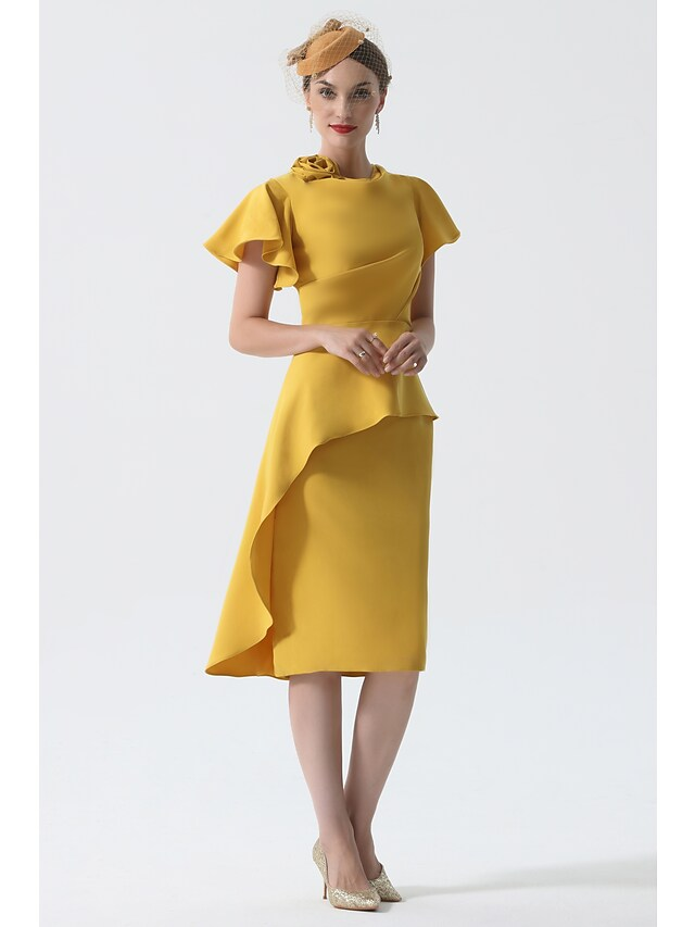 Luolandi Mother of the Bride Dress Elegant Cowl Neck Knee Length Satin Short Sleeve