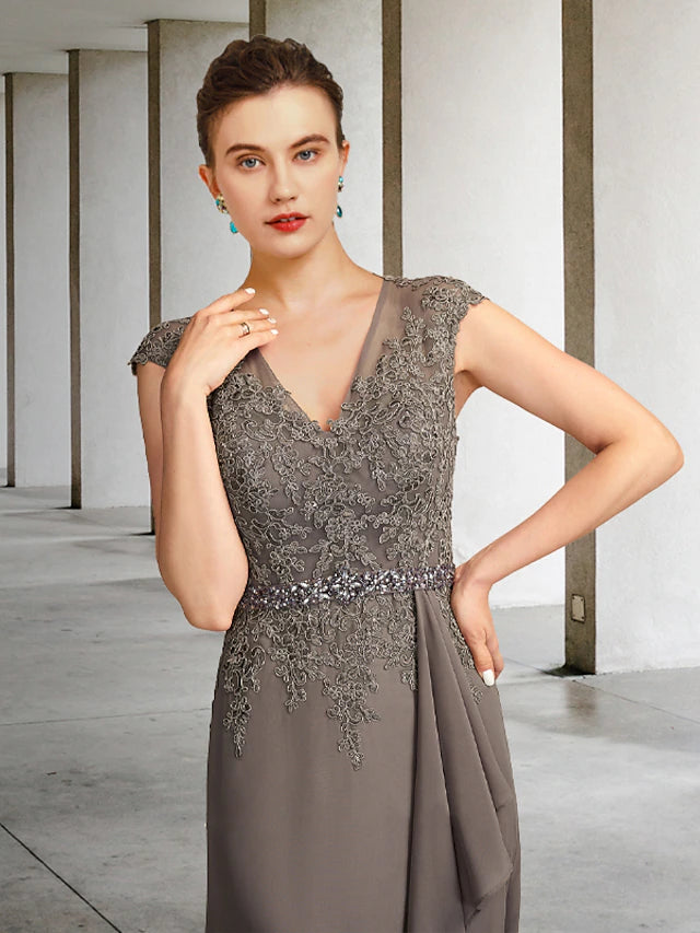 Luolandi A-Line Mother of the Bride Dress Elegant V Neck Floor Length Chiffon Lace Cap Sleeve with Sash / Ribbon