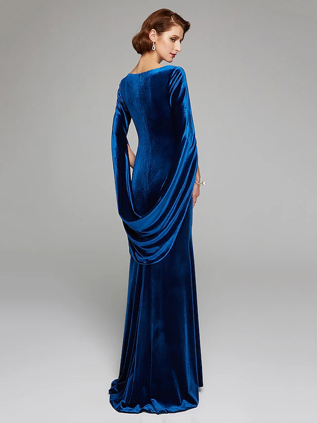 Luolandi Mermaid / Trumpet Mother of the Bride Dress Vintage Plus Size Sexy Scoop Neck Sweep / Brush Train Velvet Long Sleeve