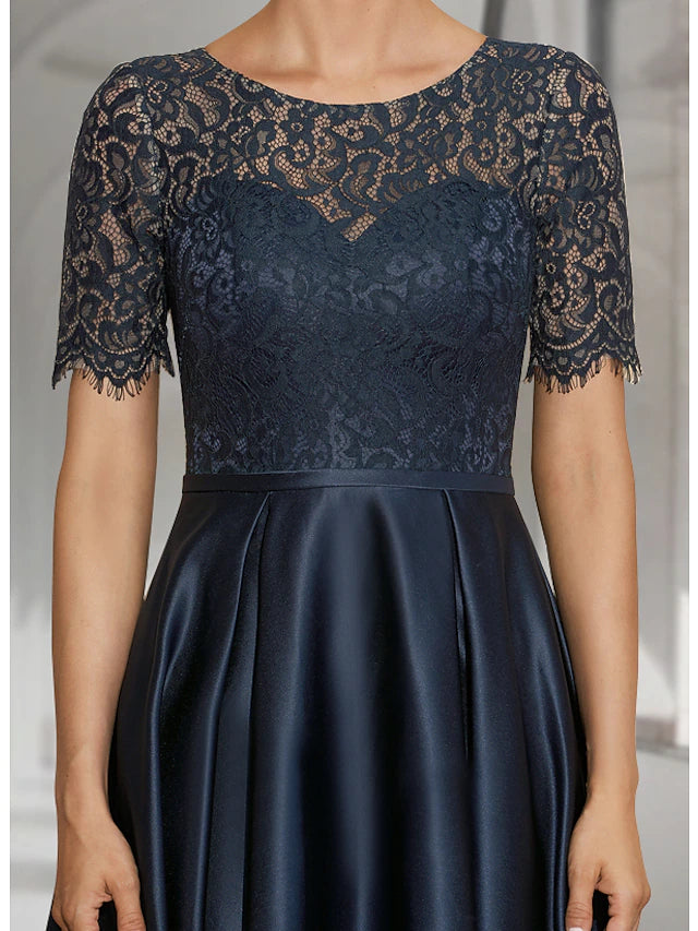 Luolandi A-Line Mother of the Bride Dress Wedding Guest Elegant High Low Jewel Neck Asymmetrical Tea Length Satin Lace Short Sleeve
