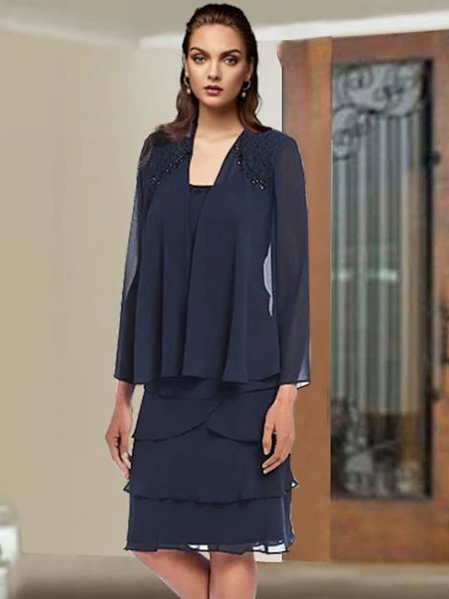 Luolandi Two Piece Sheath / Column Mother of the Bride Dress Elegant Scoop Neck Knee Length Chiffon Lace Sleeveless Wrap Included with Beading