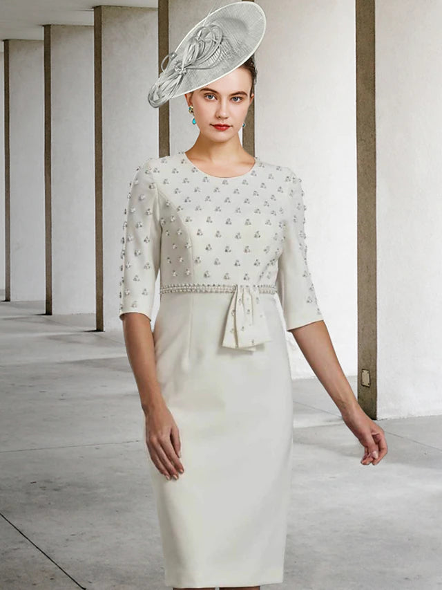 Luolandi Sheath / Column Mother of the Bride Dress Luxurious Elegant Jewel Neck Knee Length Lace Charmeuse Half Sleeve with Sash / Ribbon