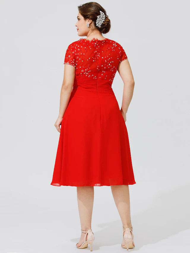 Luolandi A-Line Mother of the Bride Dress Elegant & Luxurious Beautiful Back Plus Size Jewel Neck Knee Length Chiffon Beaded Lace Short Sleeve No with Pleats Beading