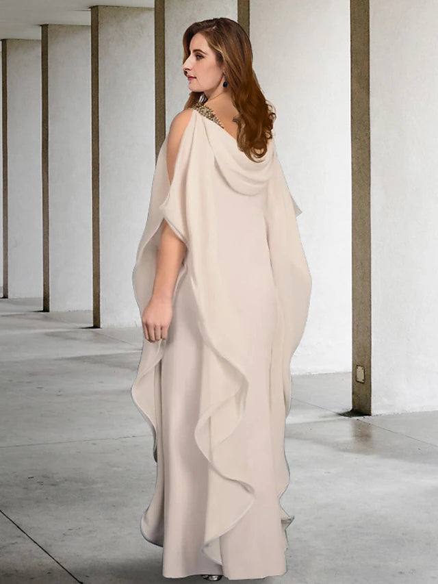 Luolandi Sheath / Column Plus Size Curve Mother of the Bride Dresses Elegant Dress Formal Floor Length Sleeveless Jewel Neck Chiffon with Beading