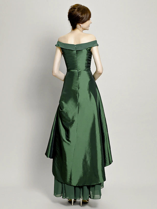 Luolandi A-Line Mother of the Bride Dress Elegant High Low Off Shoulder Asymmetrical Chiffon Taffeta Short Sleeve with Pick Up Skirt Bow(s)