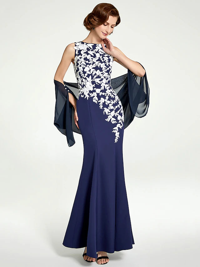 Luolandi Mermaid / Trumpet Mother of the Bride Dress Jewel Neck Floor Length Chiffon Lace Sleeveless