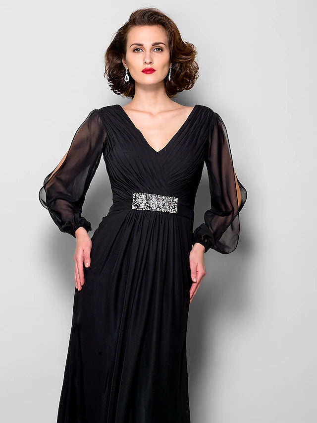 Luolandi A-Line Mother of the Bride Dress Open Back V Neck Floor Length Chiffon Long Sleeve
