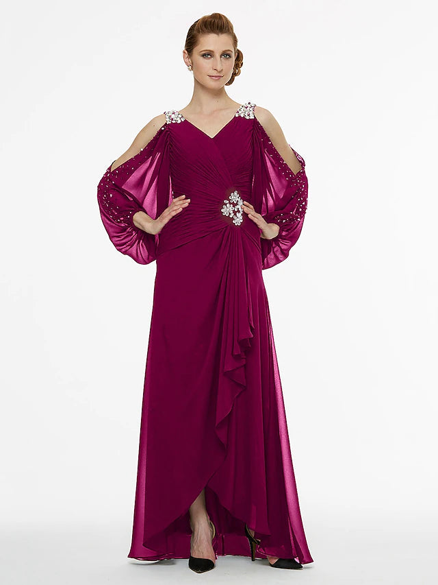 Luolandi A-Line Mother of the Bride Dress High Low V Neck Asymmetrical Chiffon 3/4 Length Sleeve with Sash / Ribbon Pleats
