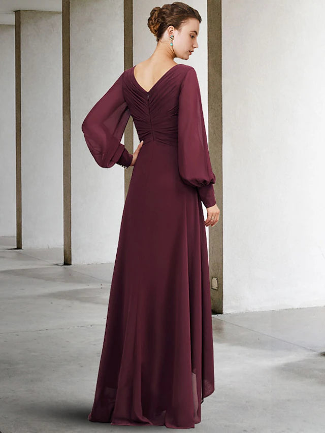Luolandi A-Line Mother of the Bride Dress Plus Size Elegant High Low V Neck Asymmetrical Floor Length Chiffon Long Sleeve with Pleats