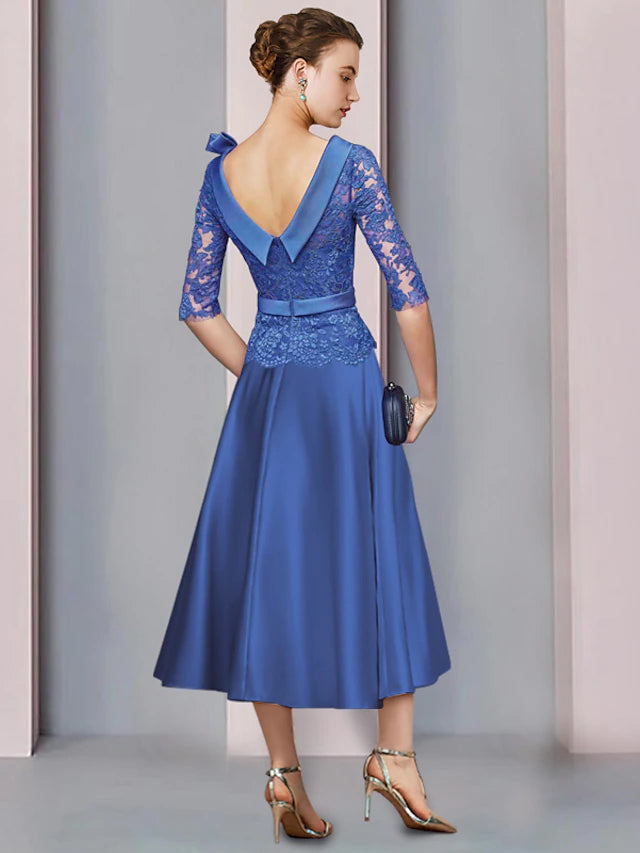 Luolandi A-Line Mother of the Bride Dress Formal Church Party Elegant Jewel Neck Tea Length Satin Lace Half Sleeve with Sash / Ribbon