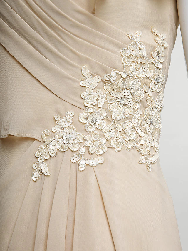 Luolandi Sheath / Column Mother of the Bride Dress Plus Size Elegant V Neck Floor Length Chiffon Sleeveless with Appliques