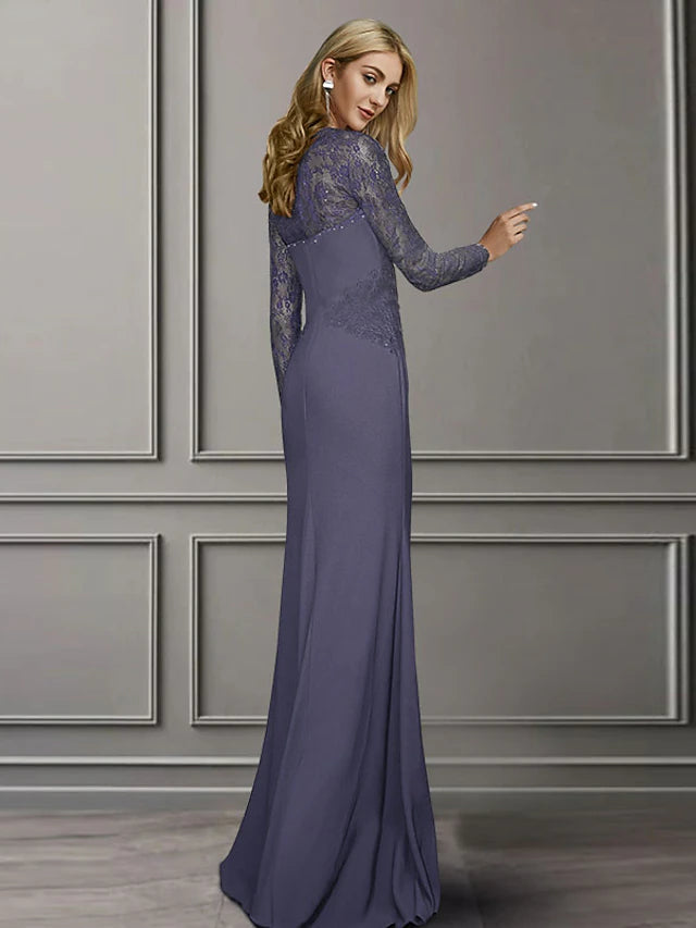 Luolandi Sheath / Column Mother of the Bride Dress Elegant Square Neck Sweep / Brush Train Chiffon Lace Long Sleeve