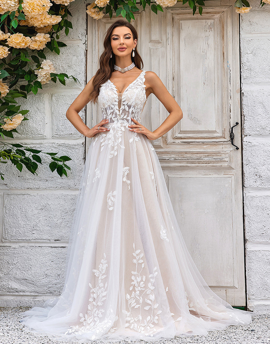 Luolandi Gorgeous A Line Deep V Neck Champagne Tulle Wedding Dress with Lace Open Back