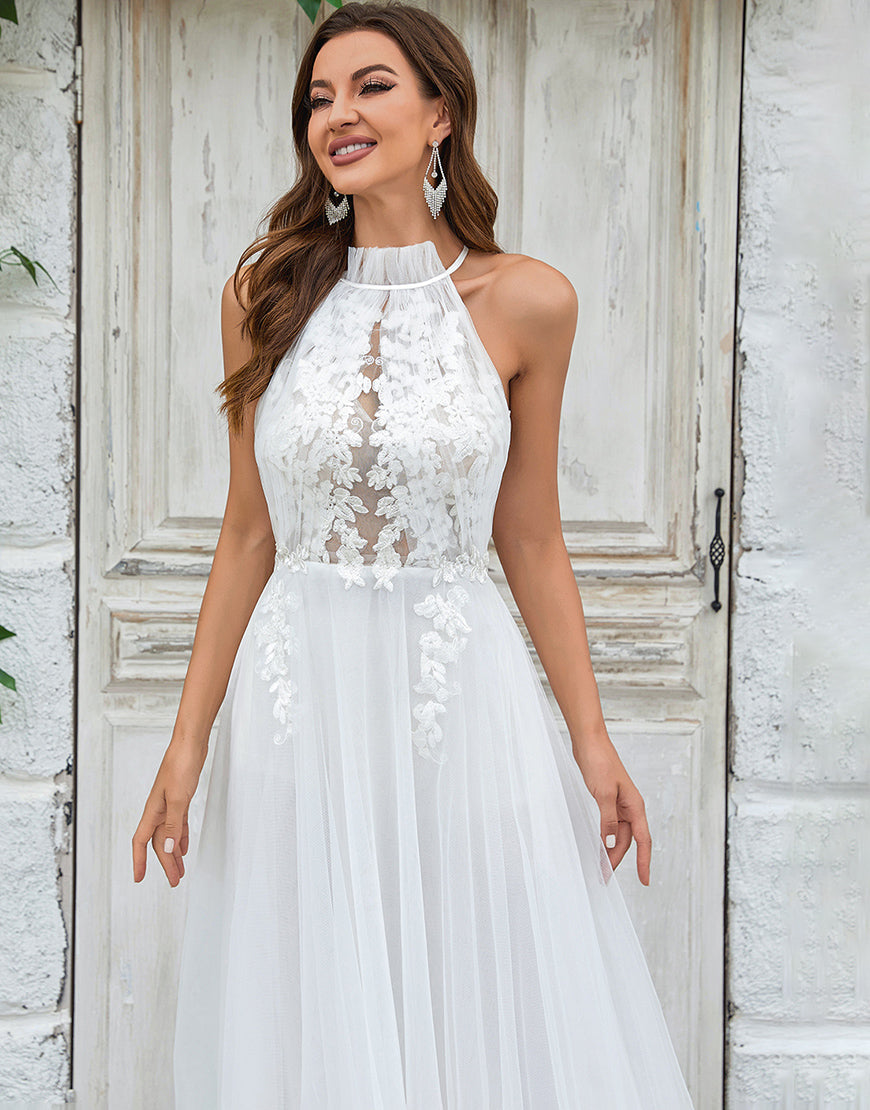 Luolandi Ivory Open Back Tulle Sweep Train Wedding Dress with Lace Beautiful