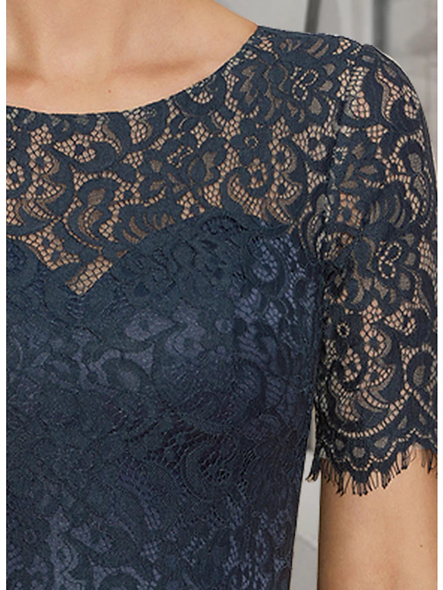 Luolandi A-Line Mother of the Bride Dress Wedding Guest Elegant High Low Jewel Neck Asymmetrical Tea Length Satin Lace Short Sleeve