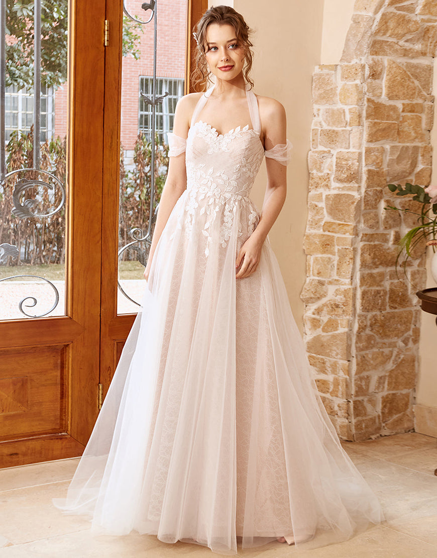 Luolandi A Line Halter Long Wedding Dress with Appliques Floor Length Beautiful
