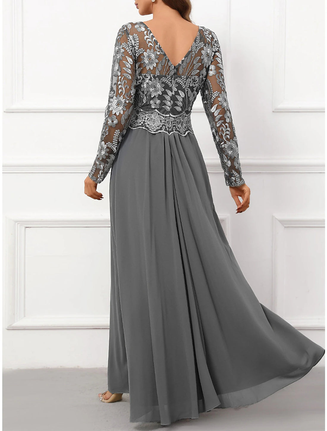 Luolandi Women's Prom Dress Party Dress Lace Dress Long Dress Maxi Dress Gray Long Sleeve Pure Color Lace Spring Fall Winter Crew Neck Fashion Mother of the Bride Dress