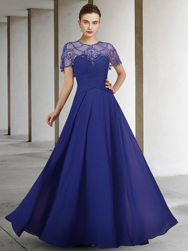 Luolandi A-Line Mother of the Bride Dress Elegant Jewel Neck Floor Length Chiffon Short Sleeve with Pleats Beading Royal Blue
