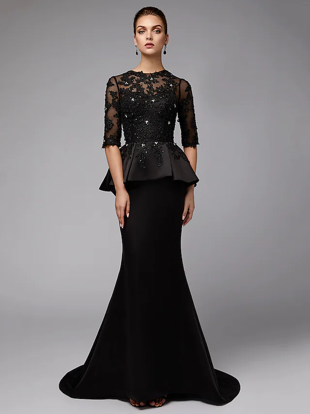 Luolandi Mother of the Bride Dress Sexy See Through Jewel Neck Lace Satin Half Sleeve with Beading Appliques Black