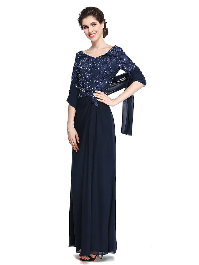 Luolandi Mother of the Bride Dress Elegant V Neck Ankle Length Chiffon Lace Half Sleeve with Lace Dark Navy