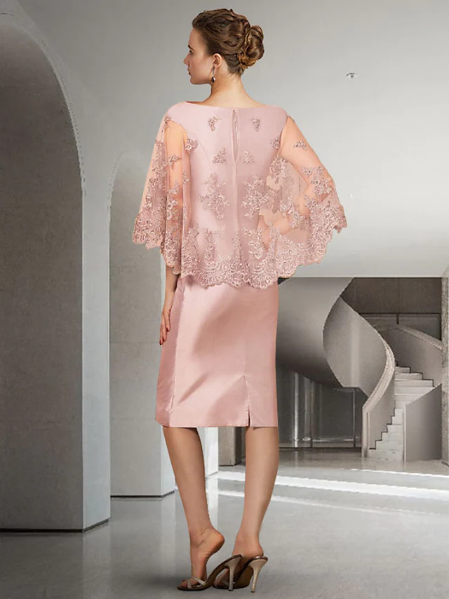 Luolandi Mother of the Bride Dress Elegant Jewel Neck Knee Length Lace Satin Half Sleeve with Appliques Dusty Rose