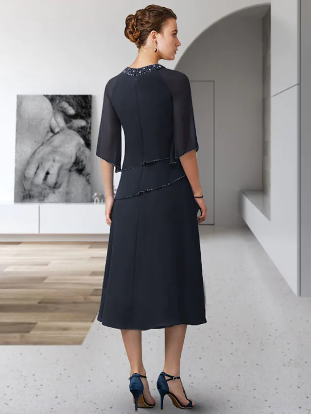 Luolandi A-Line Mother of the Bride Dress Elegant Jewel Neck Tea Length Chiffon Length Sleeve with Sequin