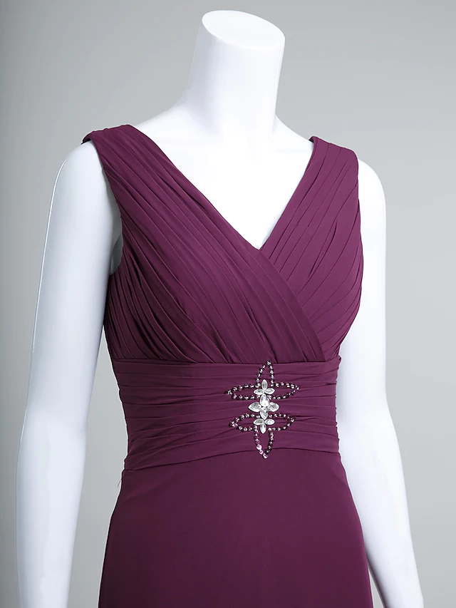 Luolandi Mother of the Bride Dress V Neck Floor Length Chiffon 3/4 Length Sleeve with Criss Cross Crystals Grape