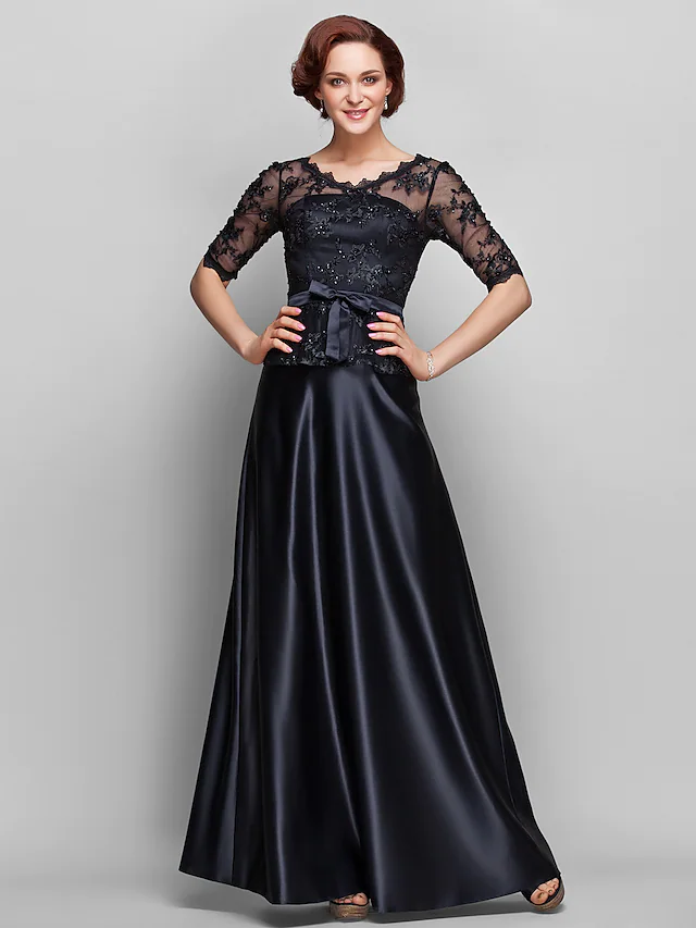 Luolandi A-Line Mother of the Bride Dress See Through V Neck Floor Length Lace Satin Half Sleeve with Lace Bow(s) Beading Black