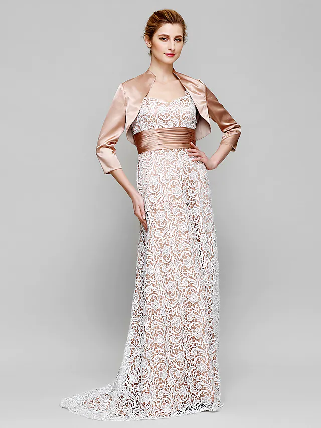 Luolandi Mother of the Bride Dress Convertible Dress Straps Lace Charmeuse Length Sleeve with Lace Ruched Champagne