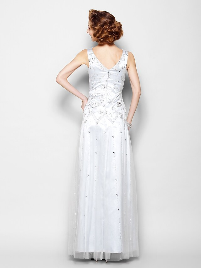 Luolandi Mother of the Bride Dress Sparkle & Shine V Neck Floor Length Lace Tulle Sleeveless with Lace Beading Beautiful