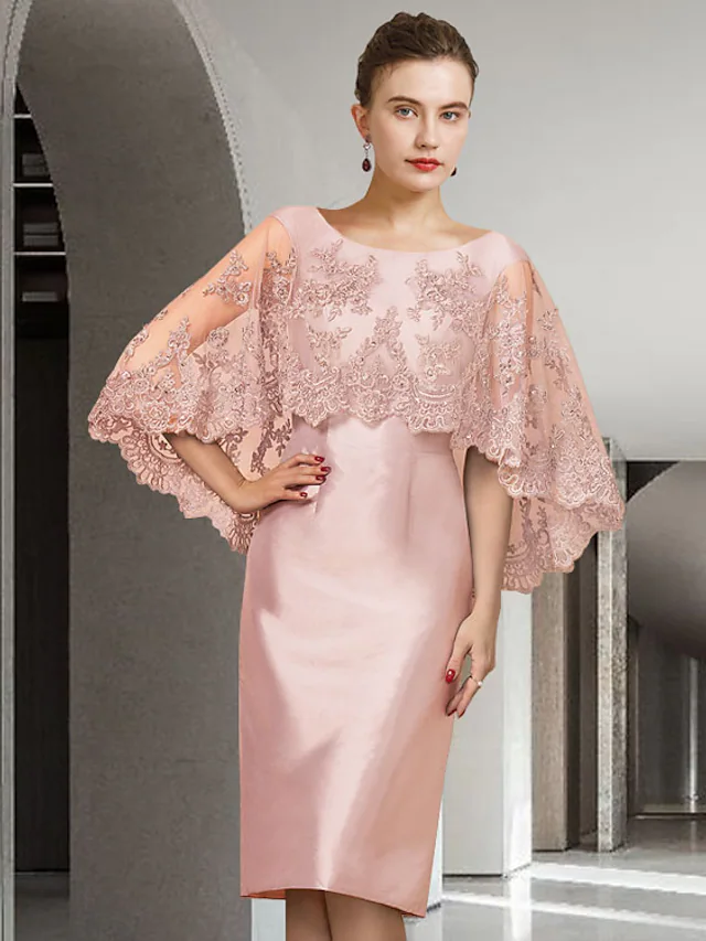 Luolandi Mother of the Bride Dress Elegant Jewel Neck Knee Length Lace Satin Half Sleeve with Appliques Dusty Rose