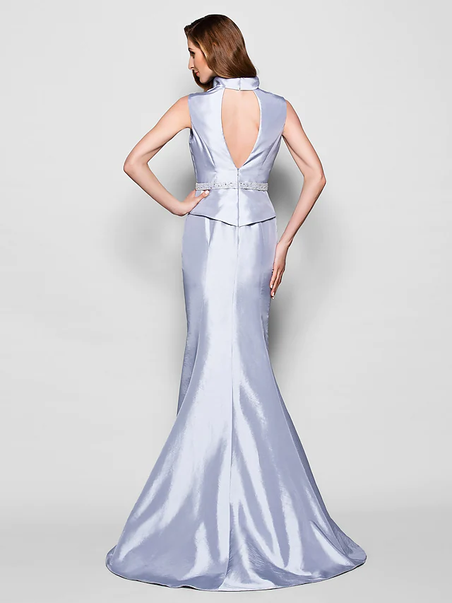 Luolandi Mother of the Bride Dress Queen Anne Taffeta Sleeveless with Sash Ribbon Beading Sky Blue