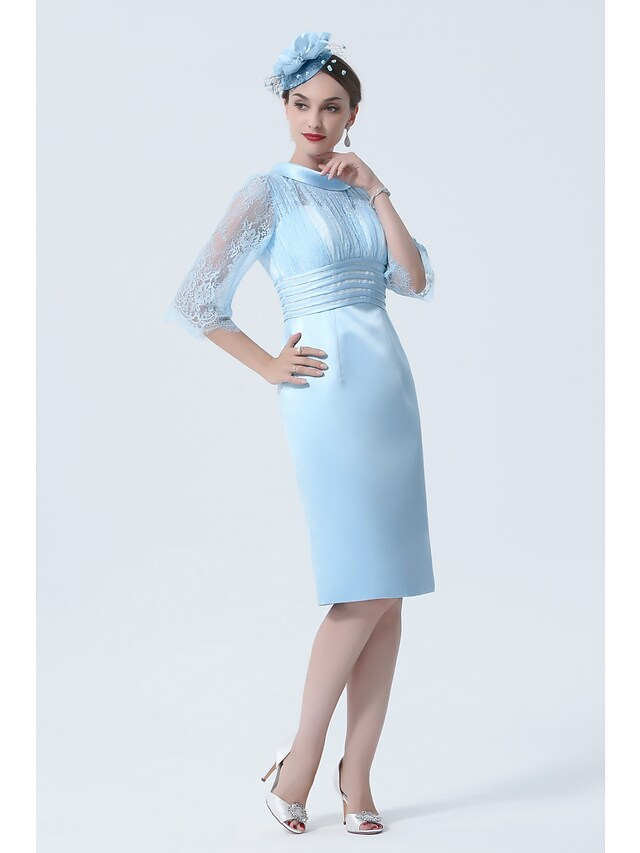 Luolandi Sky Blue Mother of the Bride Dress See Through Jewel Neck Knee Length Charmeuse Half Sleeve with Lace Excluding hat