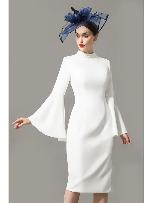 Luolandi Mother of the Bride Dress Wrap Included High Neck Knee Length Jersey 3/4 Length Sleeve with Crystals Ivory