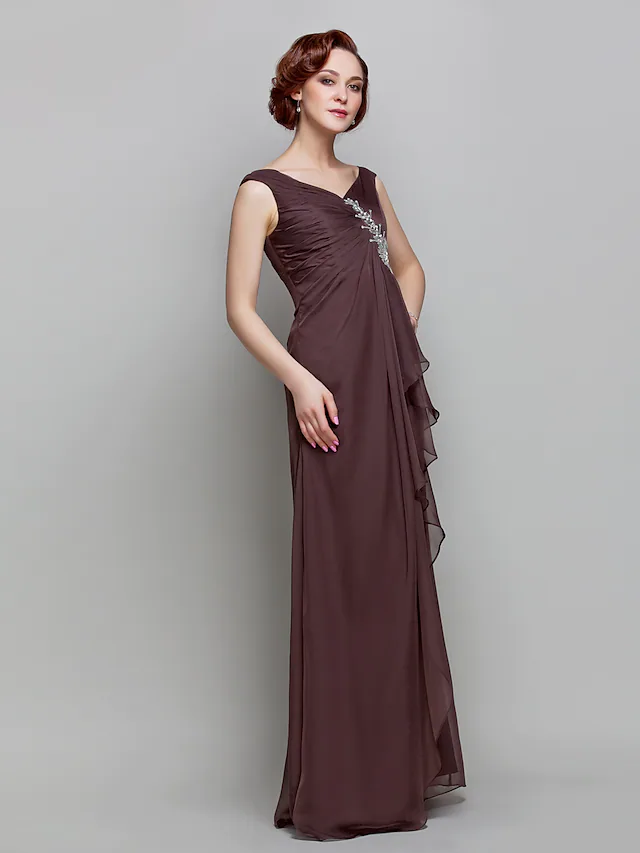 Luolandi A-Line Mother of the Bride Dress Vintage Inspired V Neck Floor Length Chiffon Sleeveless with Crystals Ruffles
